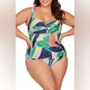 Artesands L’Avana Botticelli abstract tropical modest 1 piece swimsuit, size 20.